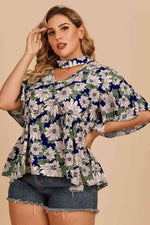 Plus Size Floral Flutter Sleeve Cutout Blouse - Ladyez