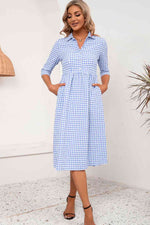 Plaid Collared Neck Midi Dress - Ladyez