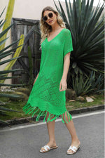 V-Neck Short Sleeve Fringe Hem Knit Dress - Ladyez