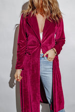 Collared Neck Longline Velvet Cardigan with Pockets - Ladyez