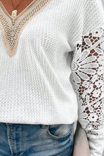 Plus Size Waffle-Knit Crochet V-Neck Blouse - Ladyez