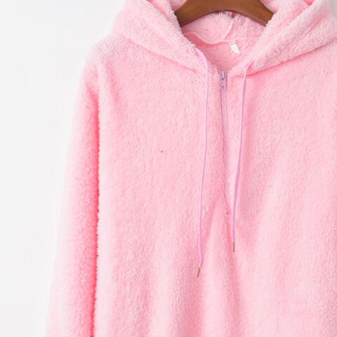 Quarter-Zip Drawstring Teddy Hoodie - Ladyez