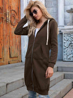 Zip-Up Longline Hoodie with Pockets - Ladyez