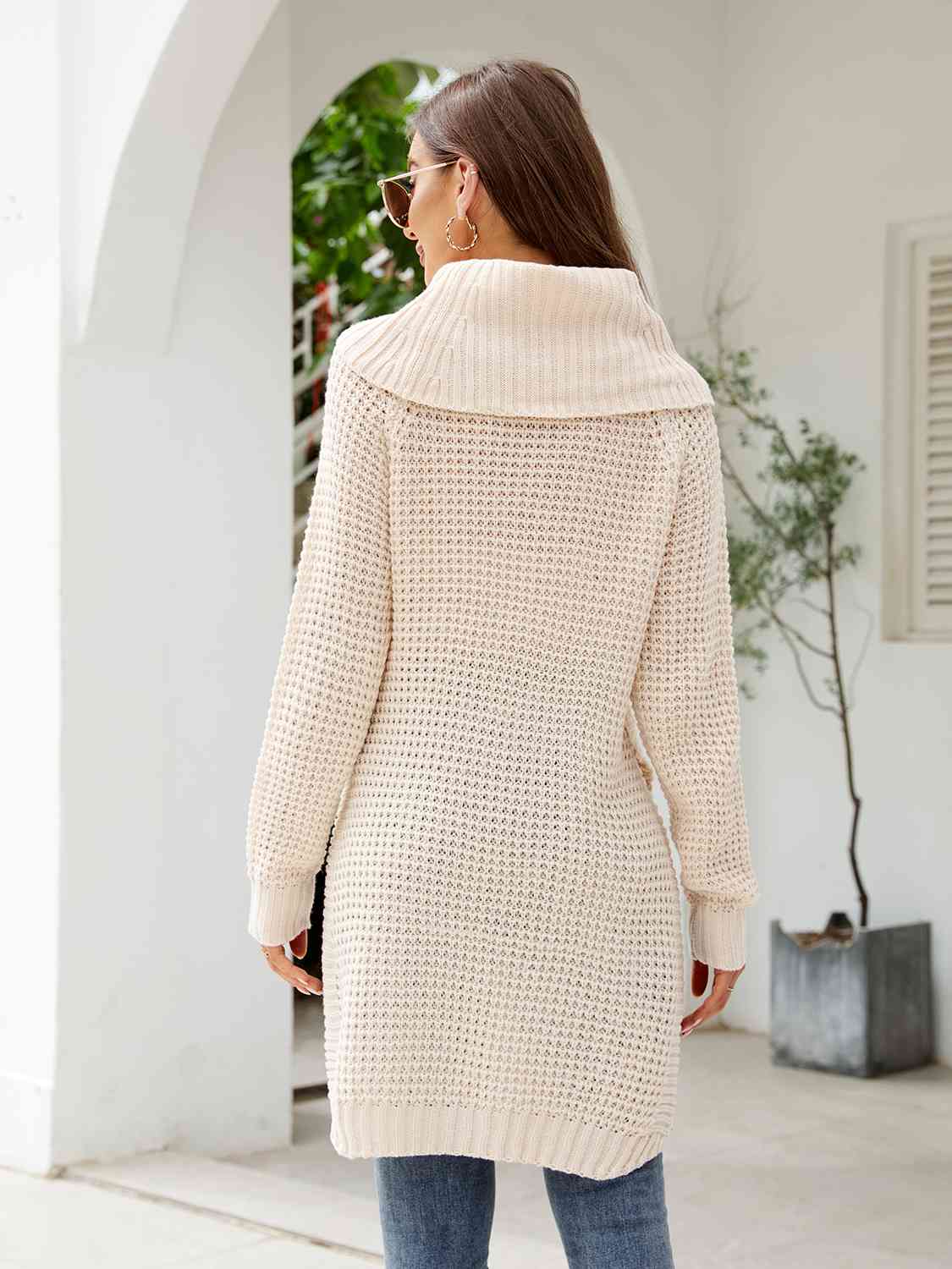Turtleneck Waffle-Knit Slit Sweater Dress - Ladyez