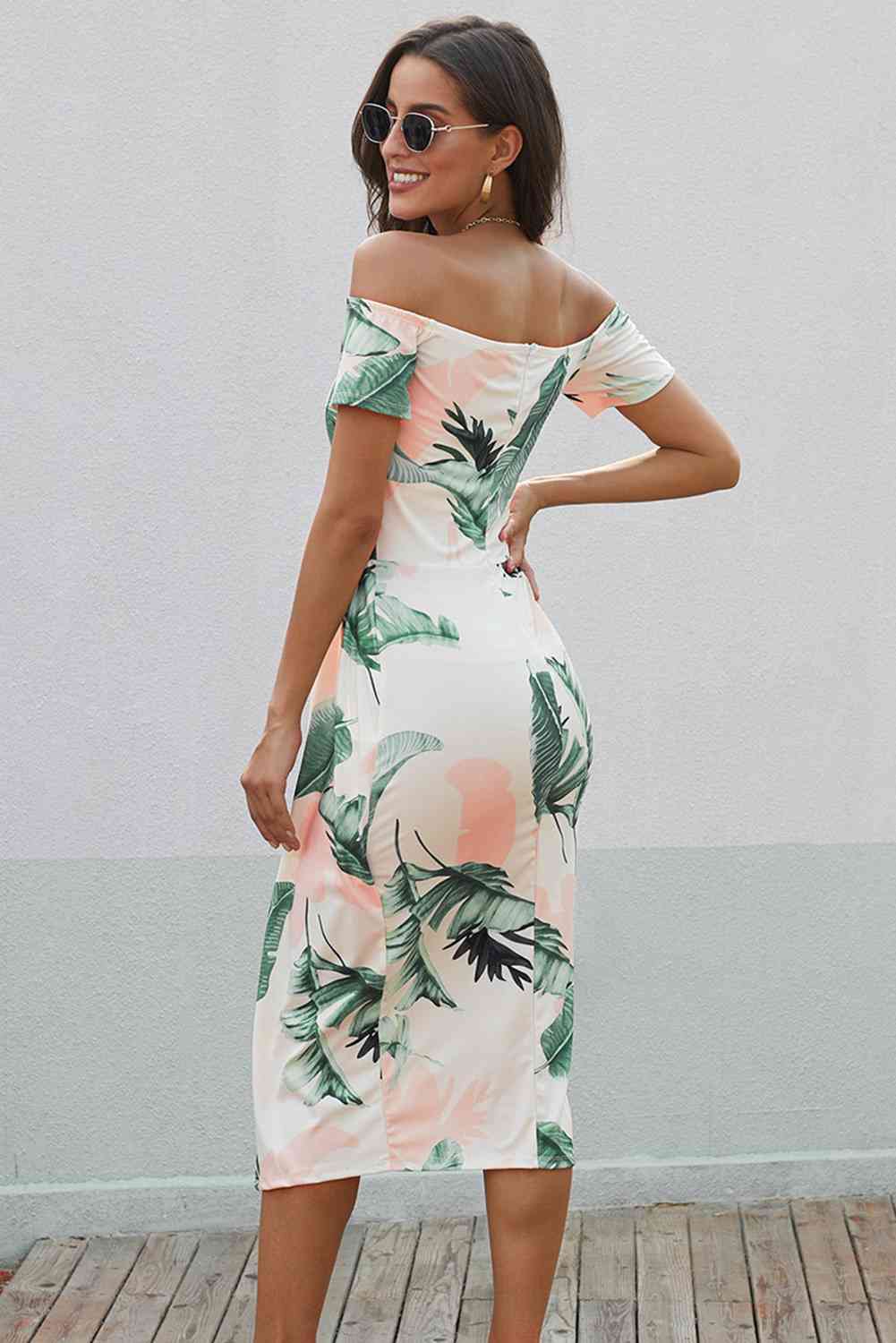 Printed Off-Shoulder Split Dress - Ladyez