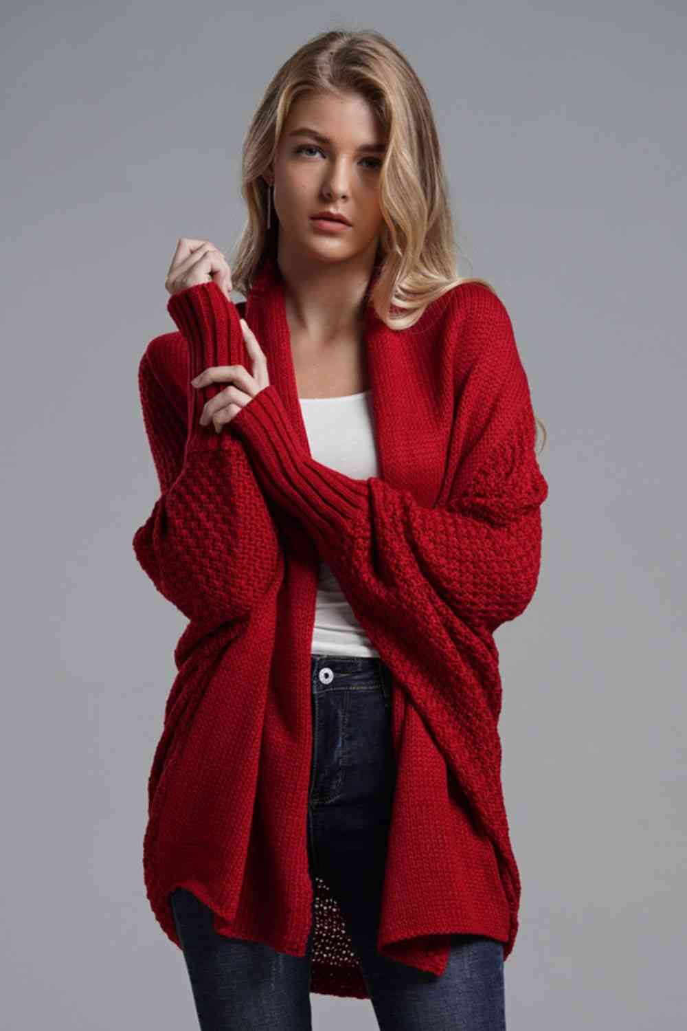 Double Take Dolman Sleeve Open Front Ribbed Trim Longline Cardigan - Ladyez