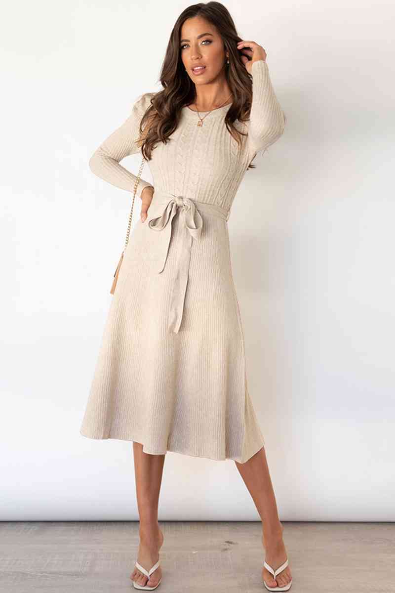 Round Neck Long Sleeve Tie Waist Sweater Dress - Ladyez