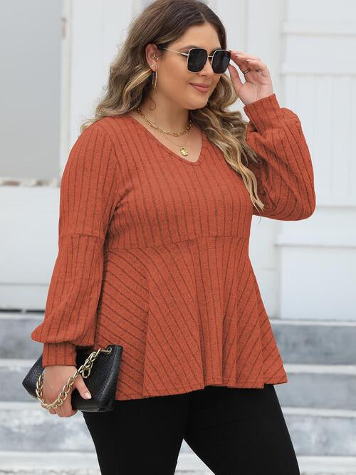 Plus Size Ribbed V-Neck Long Sleeve Blouse - Ladyez