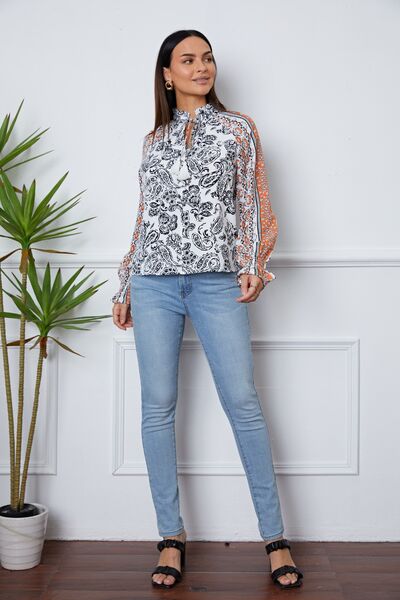 Tassel Tie Neck Printed Smocked Long Sleeve Blouse - Ladyez
