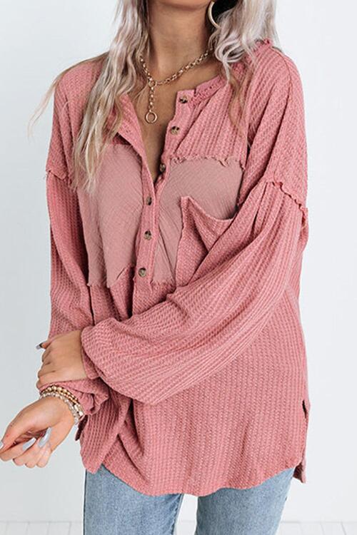 Half Button Raw Hem Long Sleeve Blouse - Ladyez