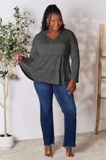Double Take Half Button Long Sleeve Ruffle Hem Blouse - Ladyez