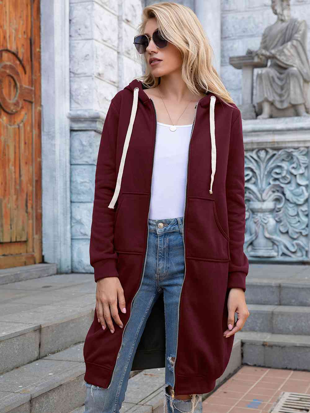 Zip-Up Longline Hoodie with Pockets - Ladyez
