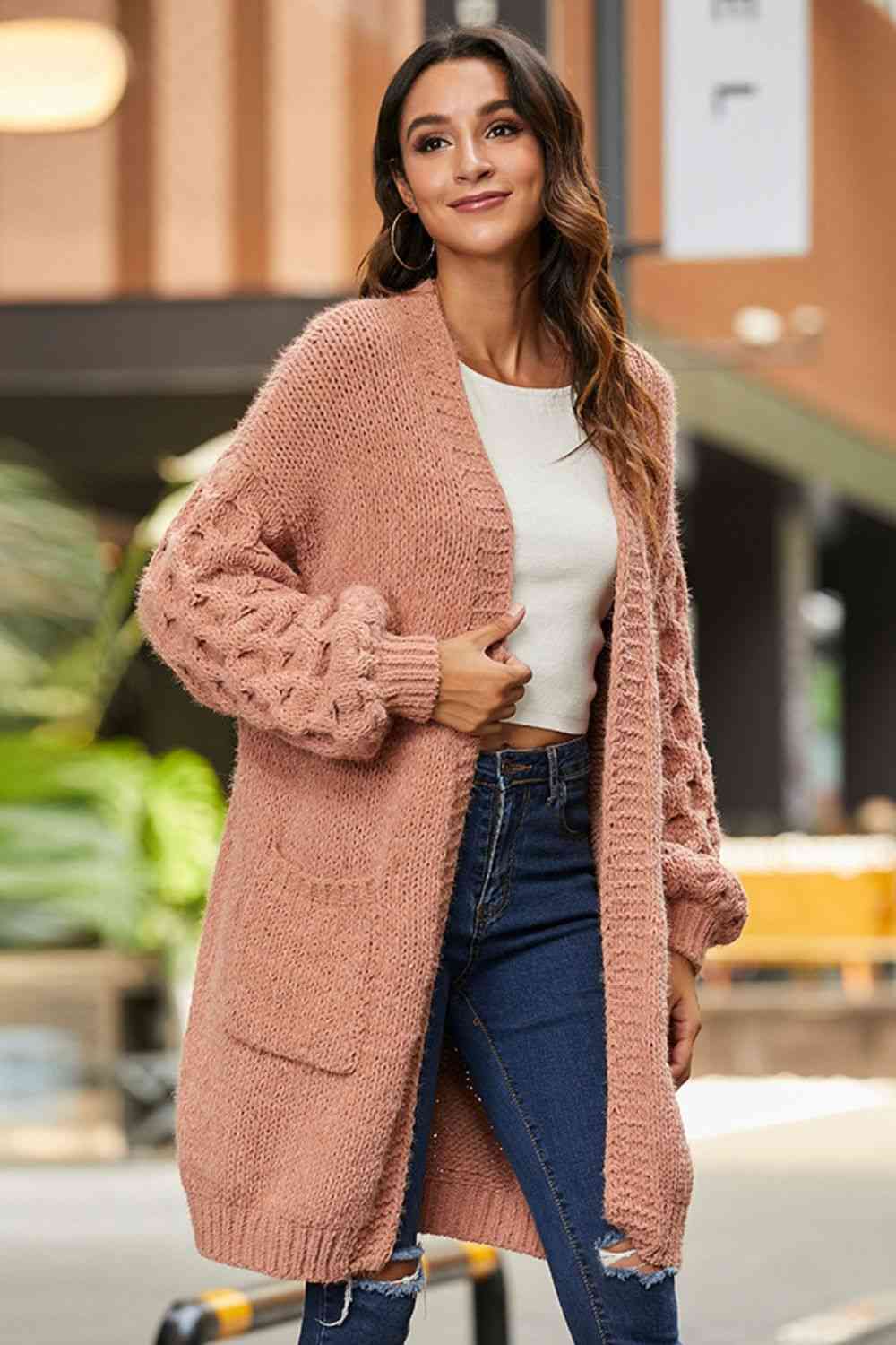 Open Front Ribbed Trim Duster Cardigan - Ladyez