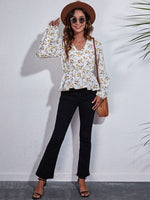 Floral V-Neck Balloon Sleeve Peplum Blouse - Ladyez