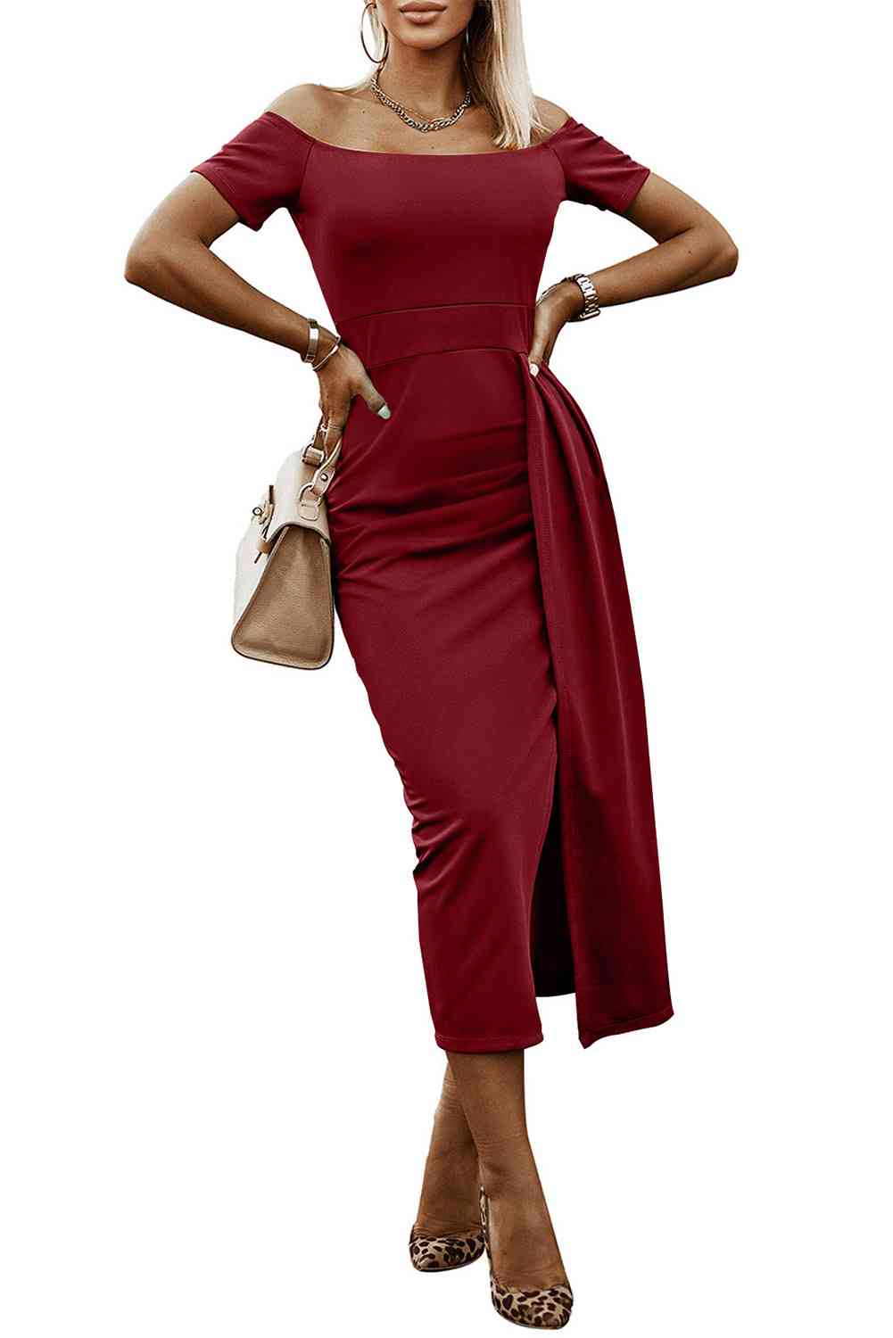 Off-Shoulder Short Sleeve Split Dress - Ladyez