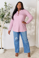 Celeste Full Size Texture Half Button Long Sleeve Blouse - Ladyez