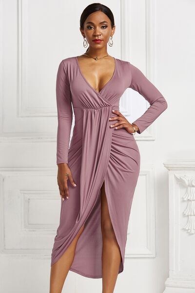 High-low Ruched Surplice Long Sleeve Dress - Ladyez
