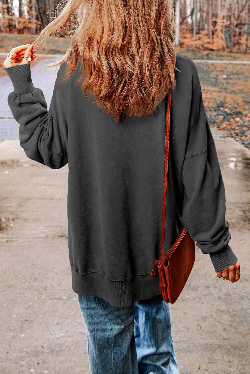 Dropped Shoulder Round Neck Long Sleeve Blouse - Ladyez