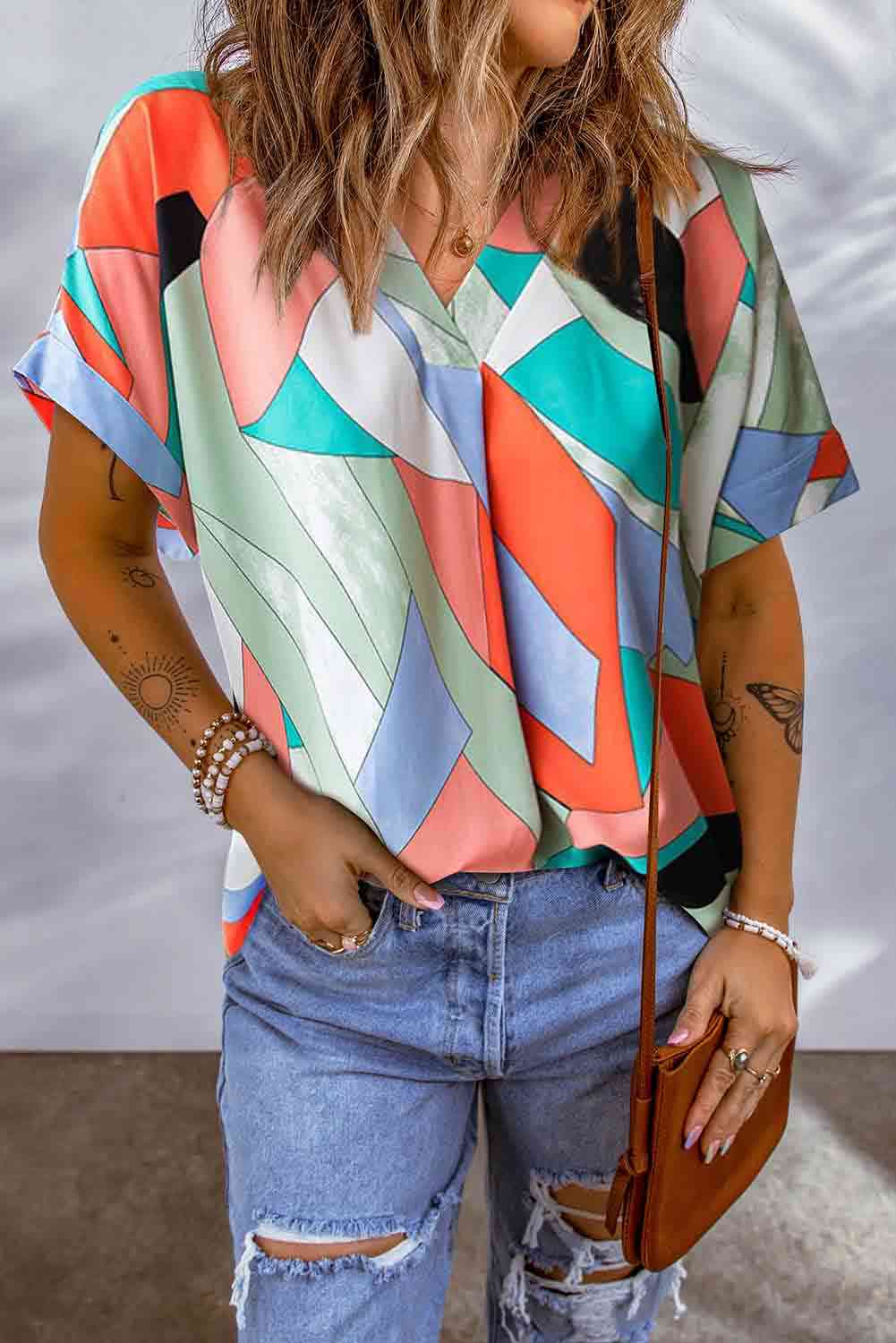 Printed V-Neck Short Sleeve Blouse - Ladyez