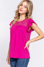 ACTIVE BASIC Ruffle Short Sleeve Lace Detail Knit Top - Ladyez