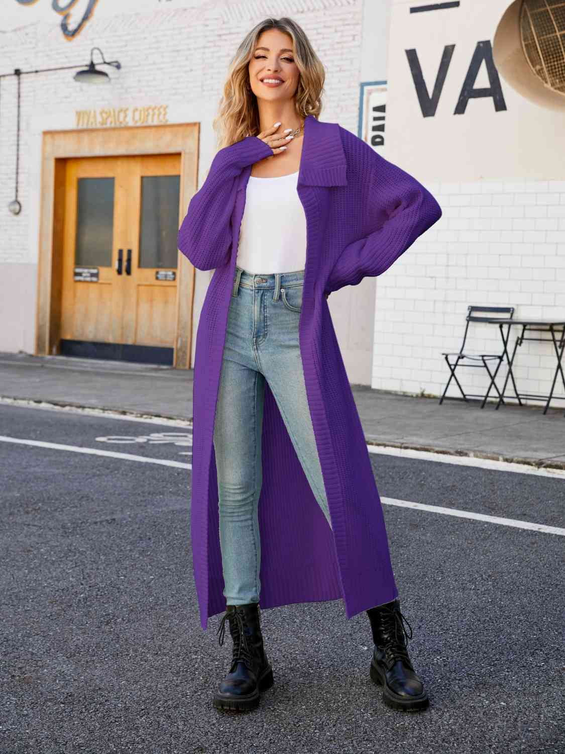 Full Size Collared Open Front Duster Cardigan - Ladyez
