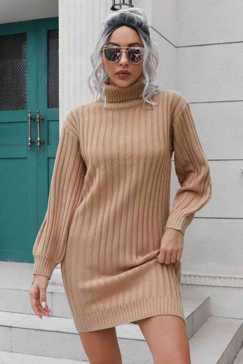 Ribbed Turtle Neck Long Sleeve Mini Sweater Dress - Ladyez