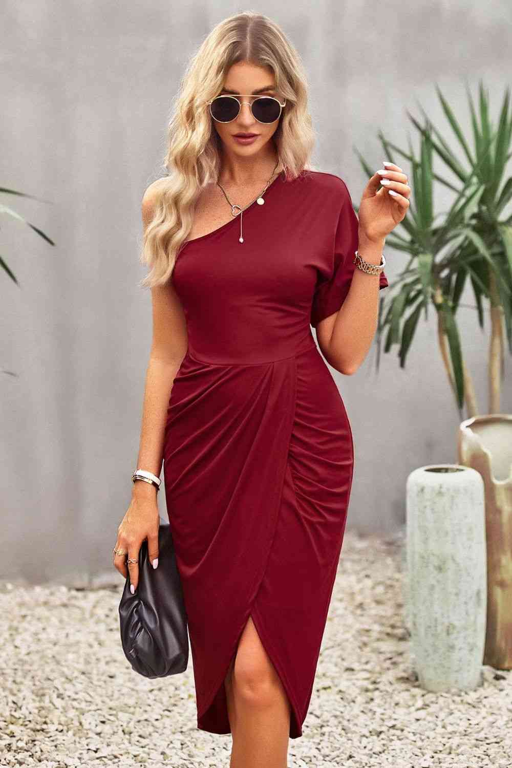 Ruched One-Shoulder Tulip Hem Dress - Ladyez