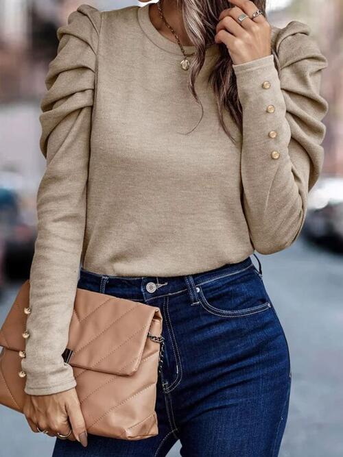 Round Neck Puff Sleeve Sleeve Blouse - Ladyez