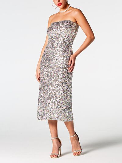 Sequin Straight Neck Midi Wrap Dress - Ladyez