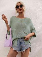 Boat Neck Cuffed Sleeve Slit Tunic Knit Top - Ladyez
