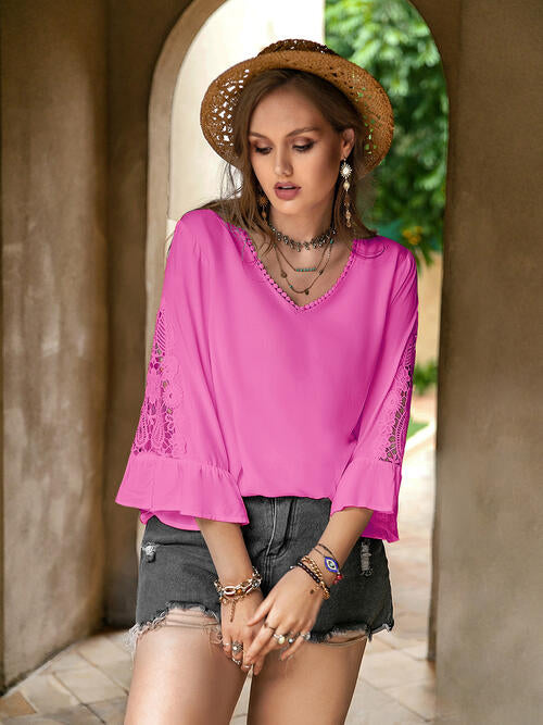 Double Take Plus Size Flower Crochet Flare Sleeve Top - Ladyez