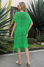 V-Neck Short Sleeve Fringe Hem Knit Dress - Ladyez