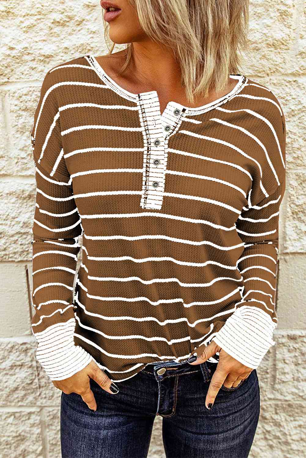 Striped Waffle Knit Henley Long Sleeve Top - Ladyez