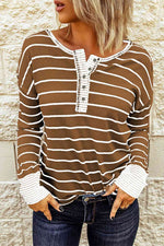 Striped Waffle Knit Henley Long Sleeve Top - Ladyez