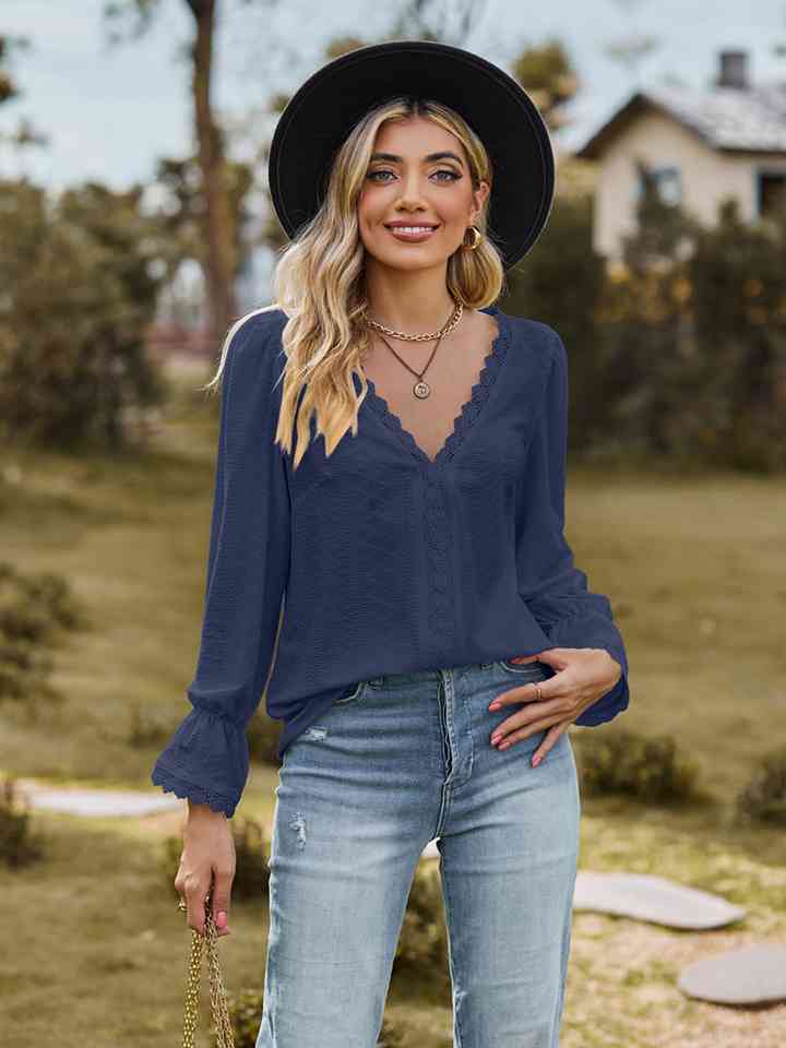 V-Neck Flounce Sleeve Blouse - Ladyez