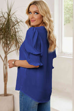 Smocked Flounce Sleeve Notched Neck Blouse - Ladyez