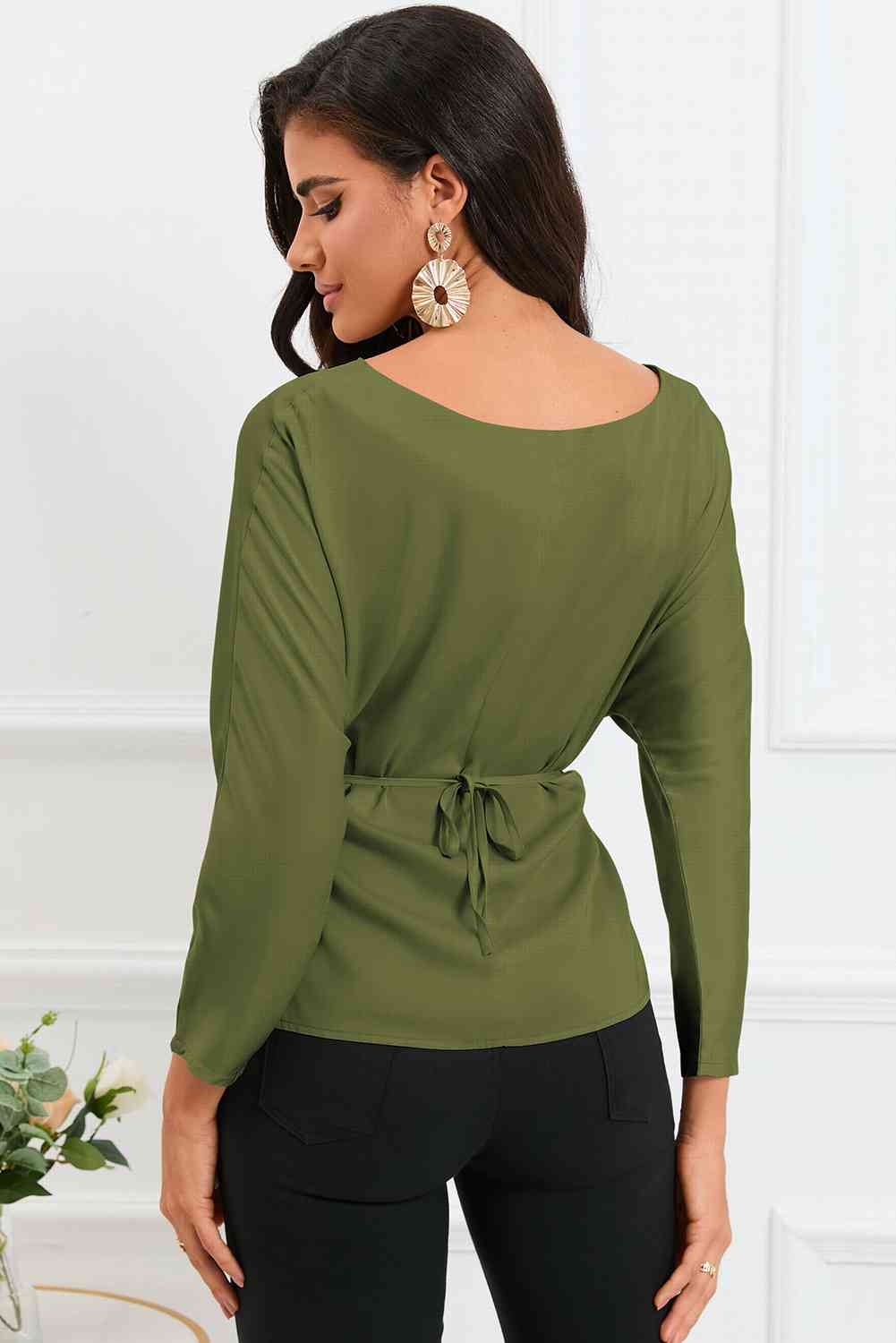 Boat Neck Back Tie Long Sleeve Satin Blouse - Ladyez
