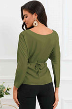 Boat Neck Back Tie Long Sleeve Satin Blouse - Ladyez