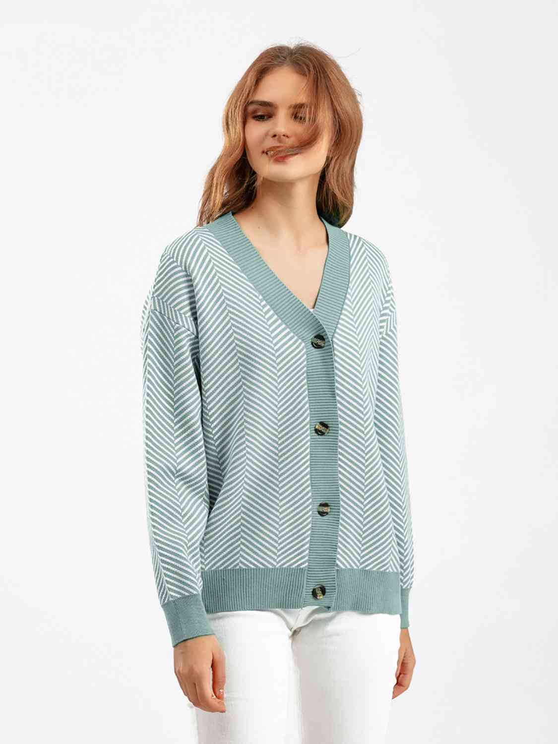 Button Down V-Neck Cardigan - Ladyez