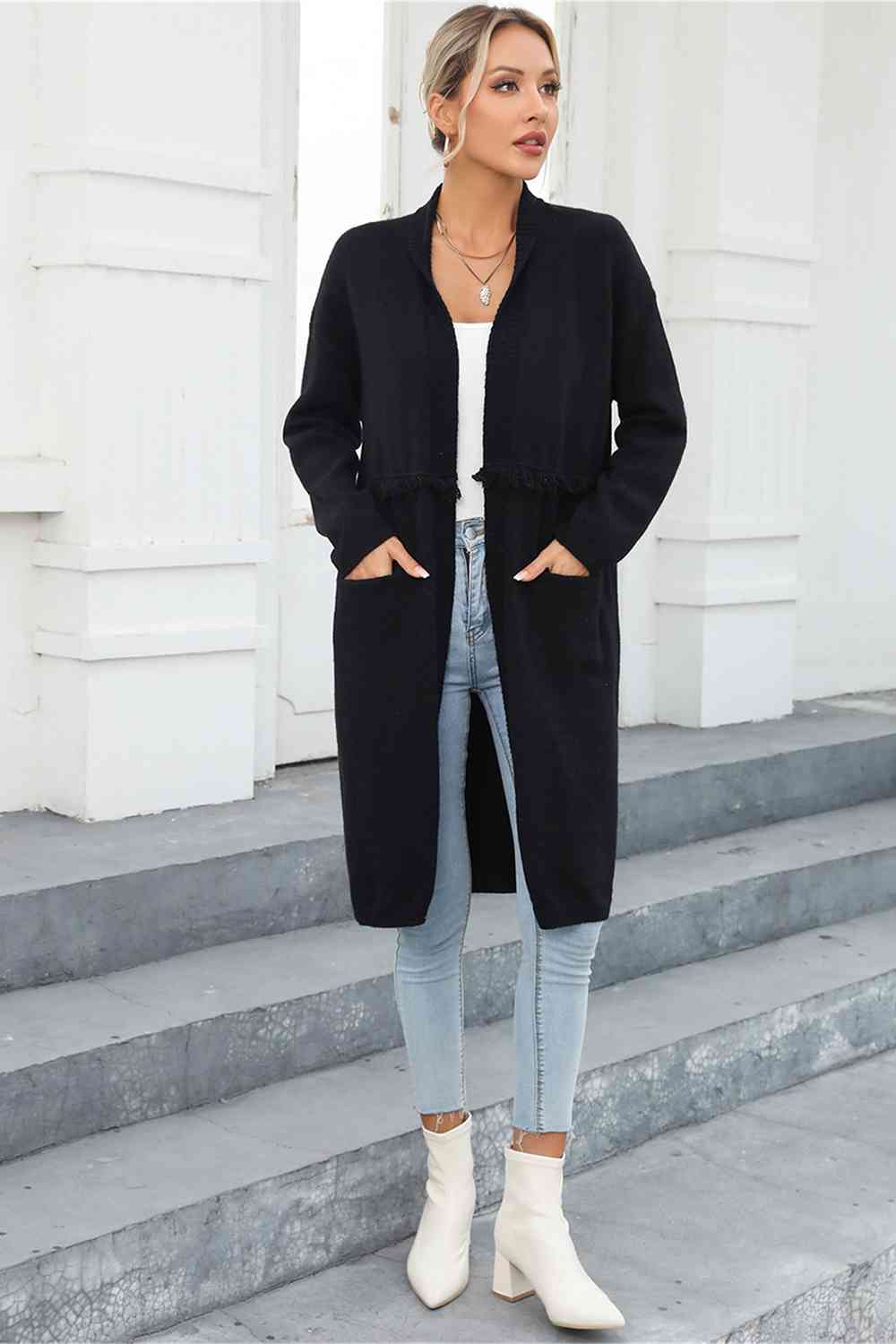 Open Front Pocketed Cardigan - Ladyez