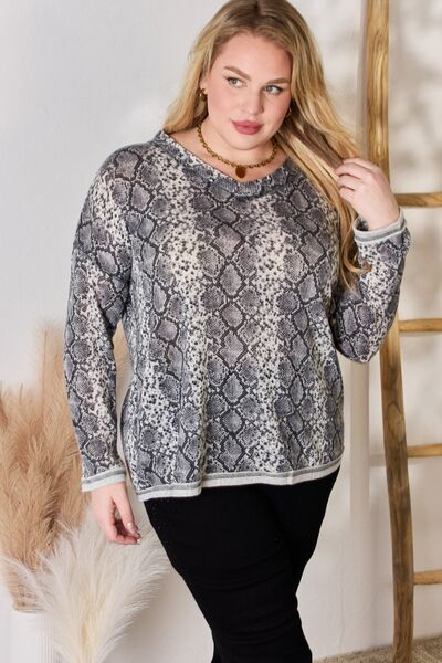 Hailey & Co Full Size Snakeskin V-Neck Long Sleeve Top - Ladyez