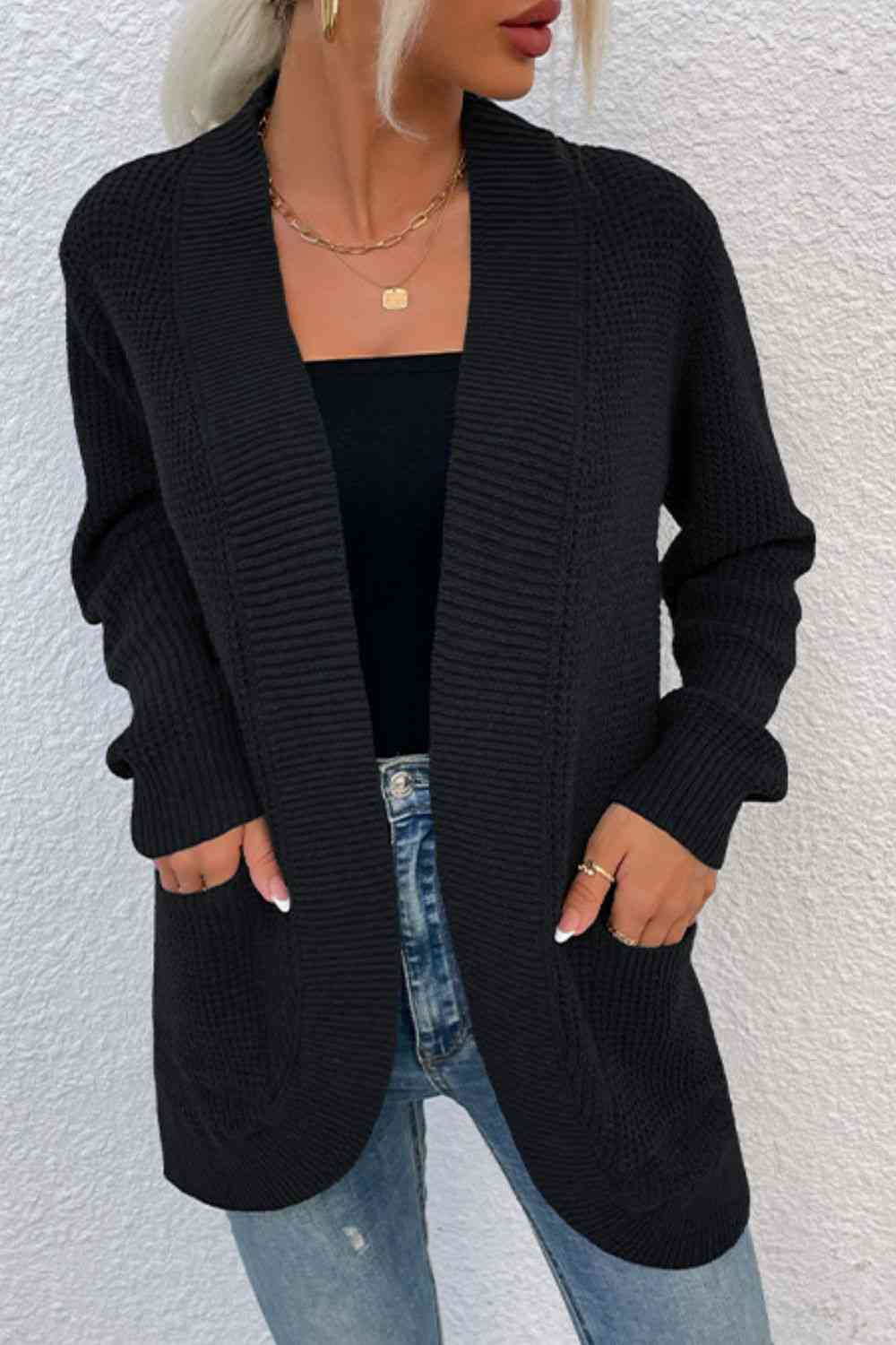 Open Front Rib-Knit Cardigan with Pockets - Ladyez