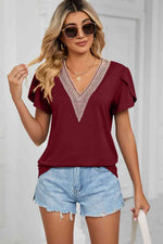 Contrast Trim Petal Sleeve V-Neck Top - Ladyez
