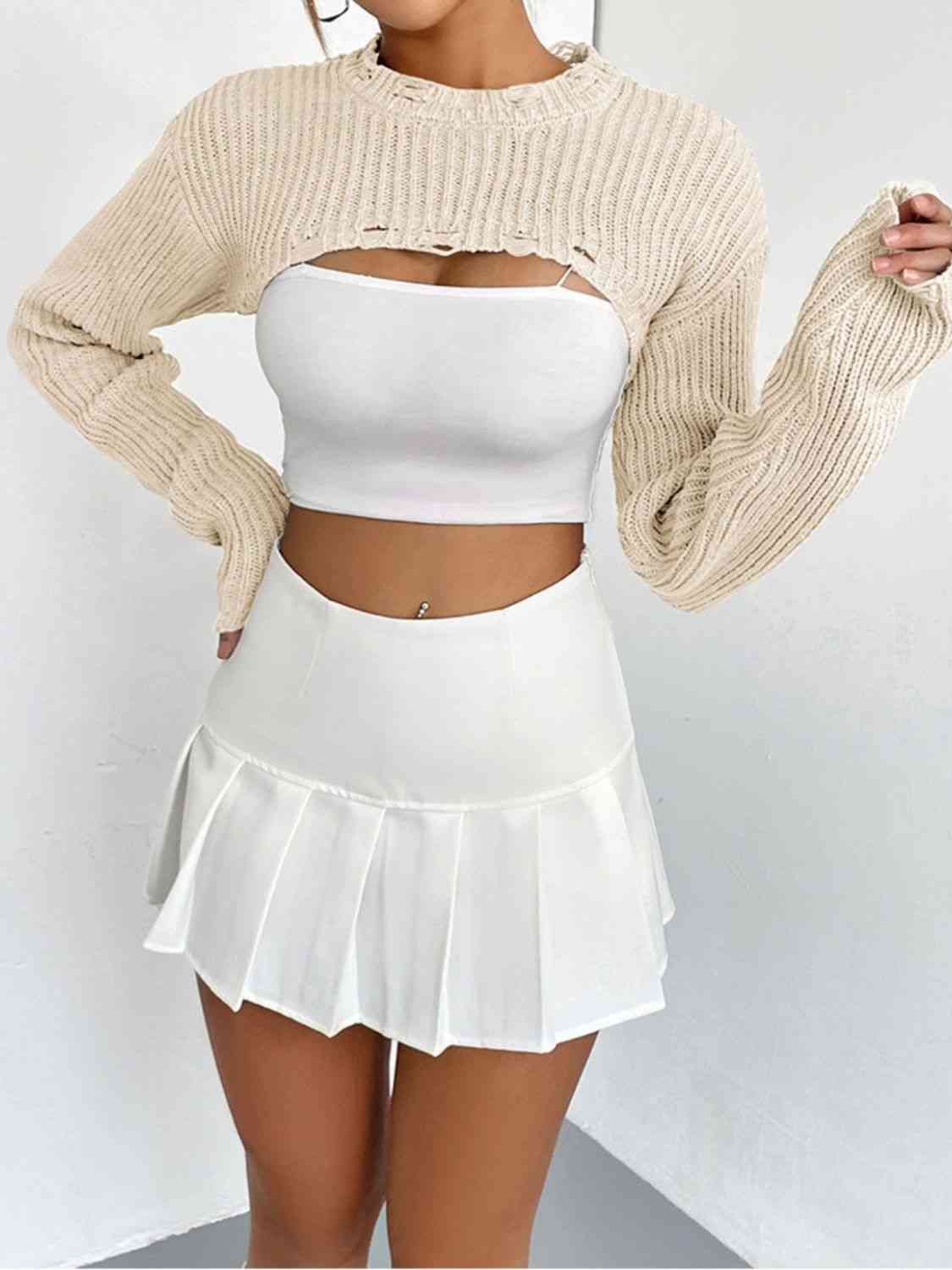 Distressed Long Sleeve Cropped Sweater - Ladyez