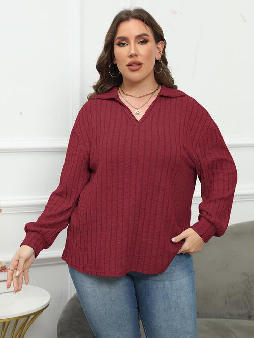 Plus Size Ribbed Collared Neck Long Sleeve Blouse - Ladyez