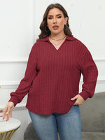 Plus Size Ribbed Collared Neck Long Sleeve Blouse - Ladyez