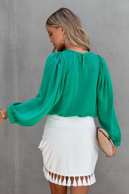 Round Neck Ruff Sleeve Blouse - Ladyez