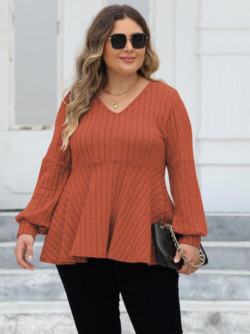 Plus Size Ribbed V-Neck Long Sleeve Blouse - Ladyez