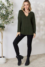 BiBi Notched Popcorn Waffle Long Sleeve Top - Ladyez
