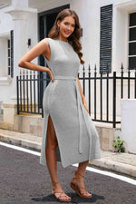 Round Neck Tie Belt Slit Sleeveless Sweater Dress - Ladyez